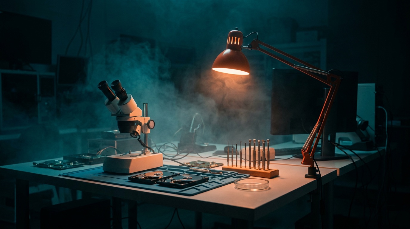 Datarecovery-werkbank met microscoop in het labo van Digicare